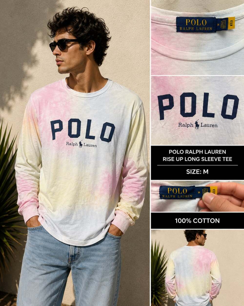 Polo Ralph Lauren Mens M Tie Dye Long Sleeve T Shirt Multicolor Cotton Logo
